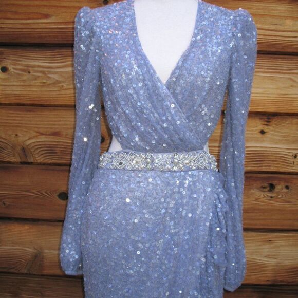 Mac Duggal 5745 Womens Sequined Faux Wrap Cut Out Puff Sleeve Gown Dress - Picture 9 of 16